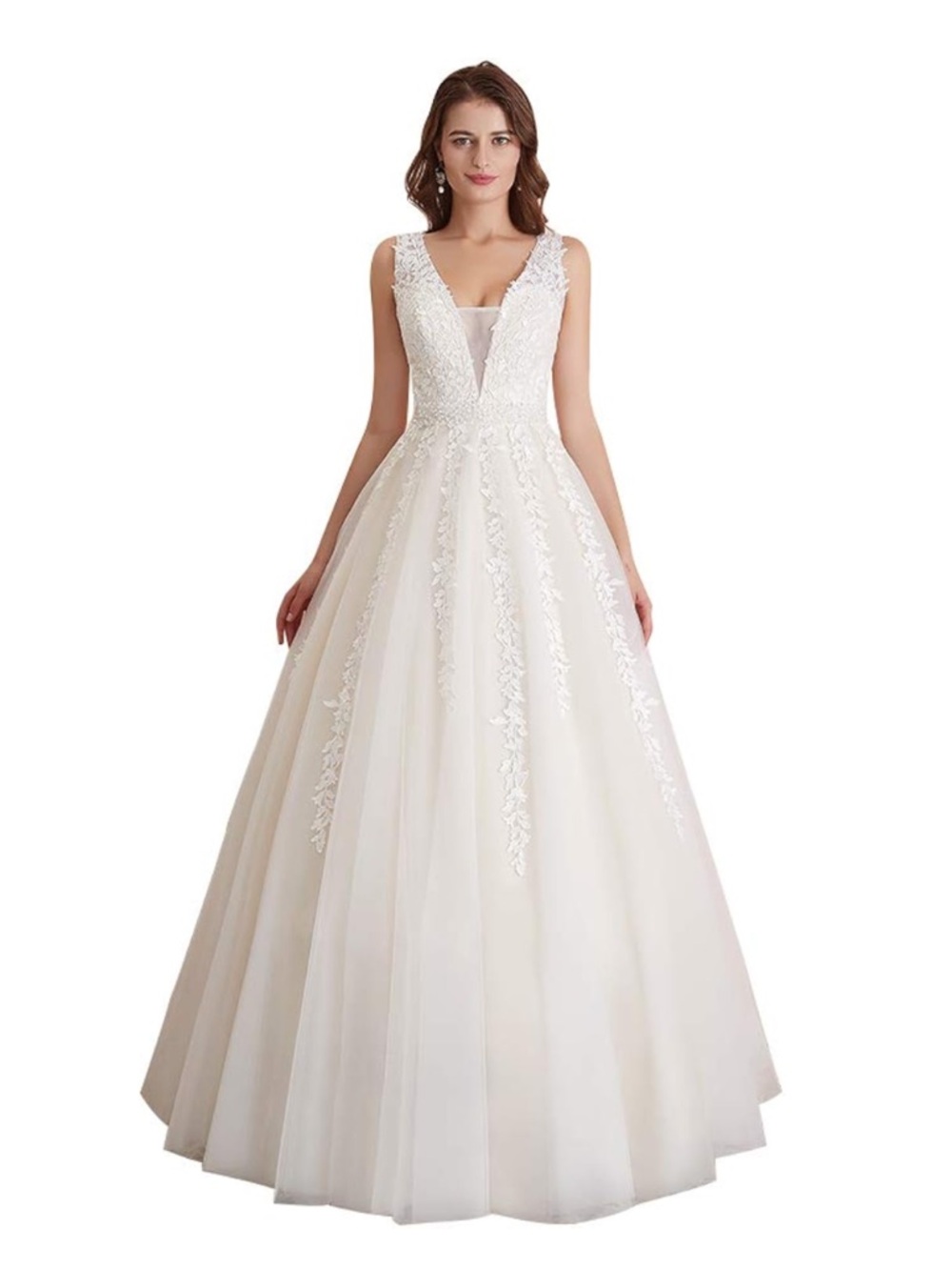 Elegant V-Neck Lace Applique Ball Gown Dress in Ivory with petticoat included.